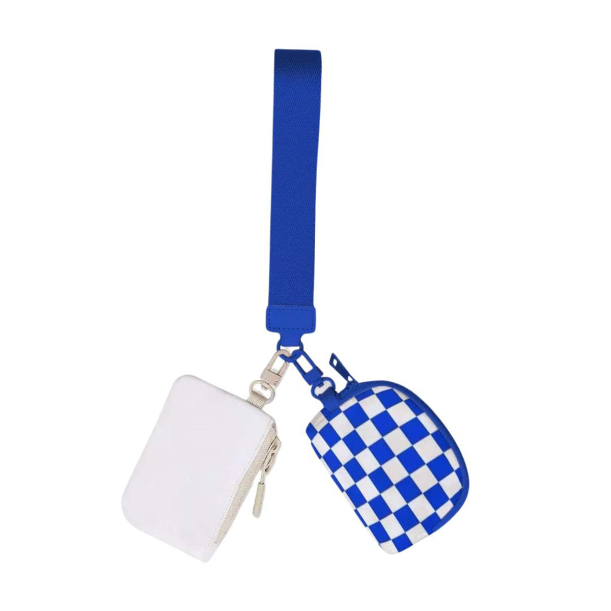 Royal blue wristlet strap with two detachable mini zip pouches, one solid white and one blue-and-white checkerboard pattern, attached by silver clasps.