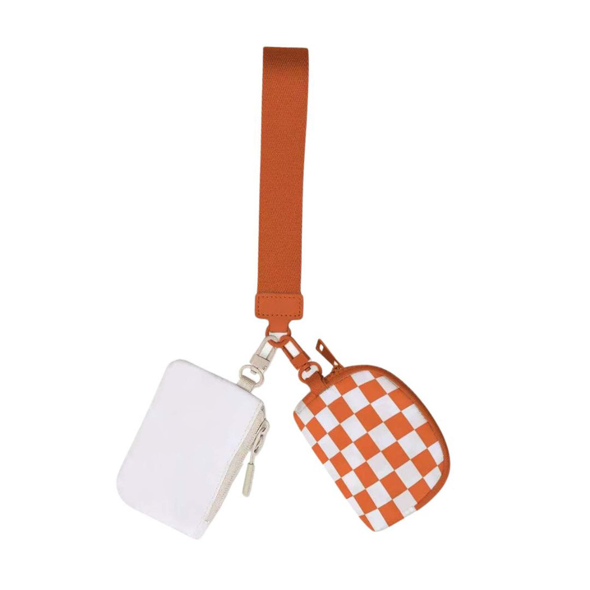 Bright orange wristlet strap with two detachable mini zip pouches, one solid white and one orange-and-white checkerboard pattern, attached by silver clasps.