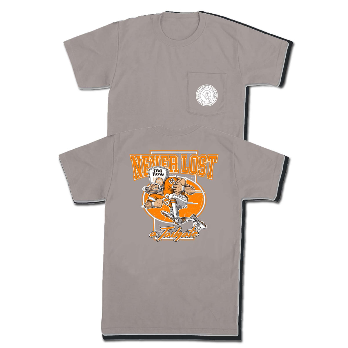 Light gray Old Row tee with white seal on pocket. Back has cartoon tailgate graphic and “NEVER LOST A TAILGATE” text in orange.