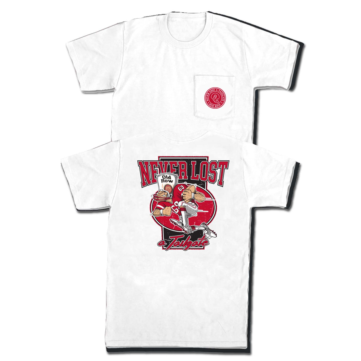 White Old Row t-shirt with a football player running and text that reads Never Lost a Tailgate.