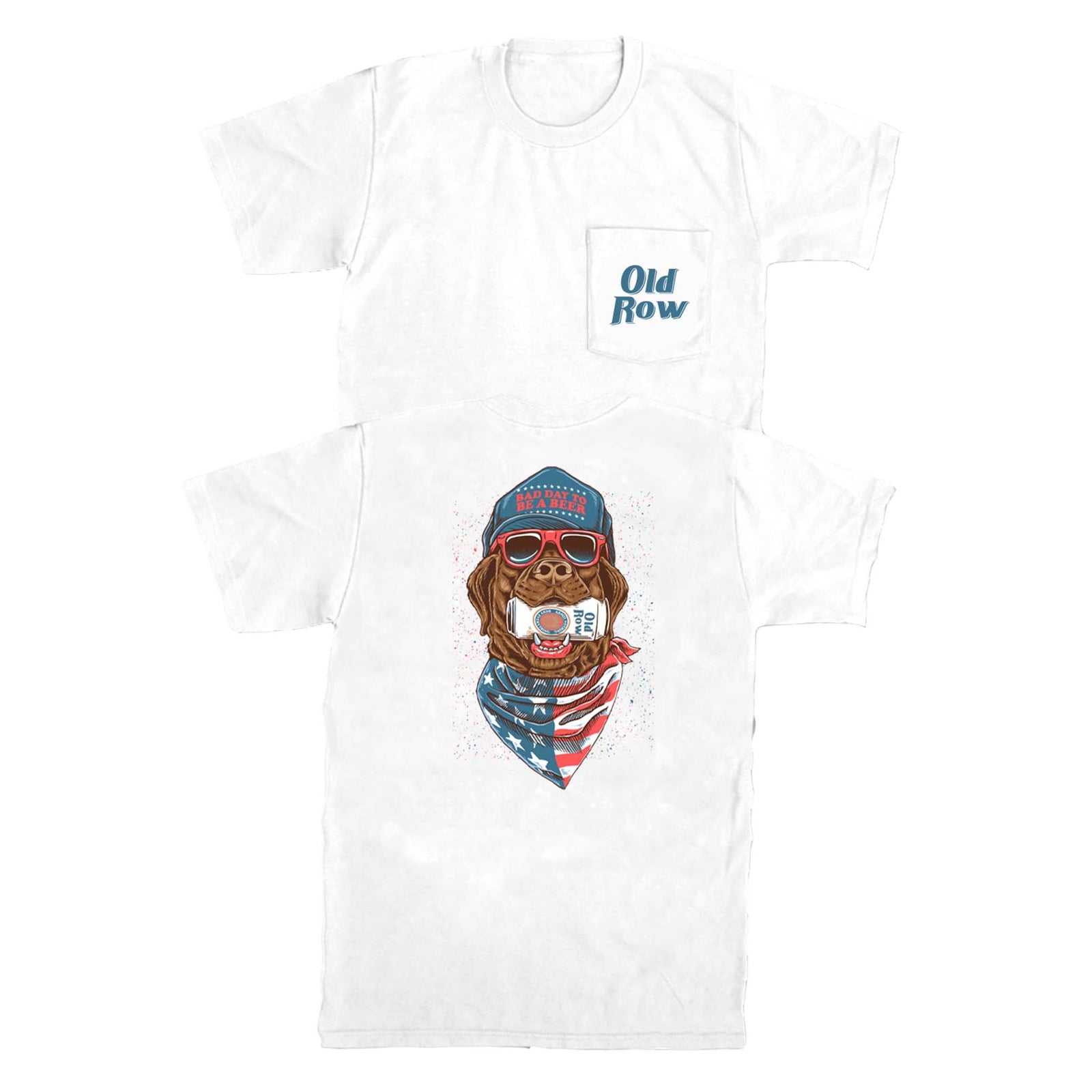 Old Row Retro Can Short Sleeve T-Shirt in White, sizes S-XXL, 100% cotton, unisex sizing.
The back design features a chocolate lab wearing a blue hat, red sunglasses, and an American flag bandana with a retro can in his mouth.  
The front design features a left chest pocket with the Old Row logo in blue.