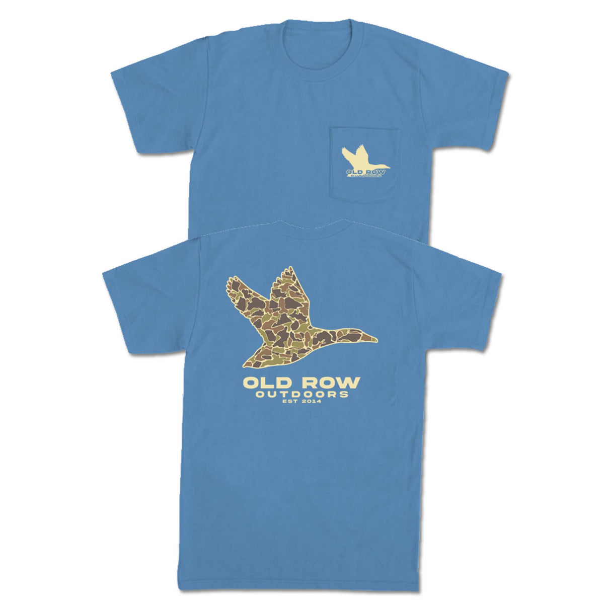 Old Row Outdoors Washed Denim Blue T-shirt with camo duck graphic and logo on back, small matching duck logo on front chest pocket.