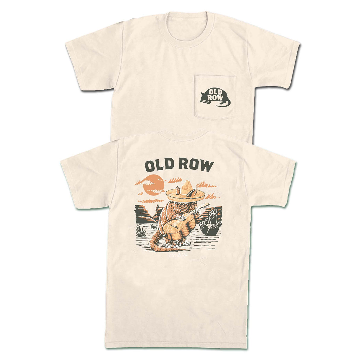 Ivory Old Row tee with front pocket logo and back graphic of an armadillo wearing a sombrero and playing guitar in a desert scene at sunset.
