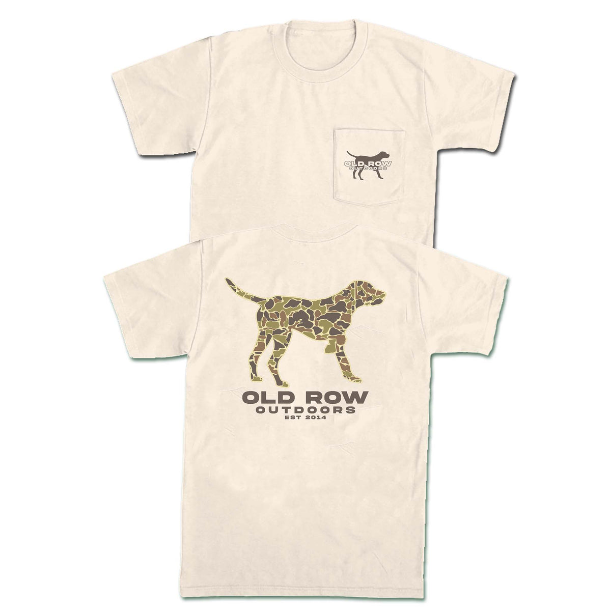 ream t-shirt with camo-pattern hunting dog silhouette on back, Old Row Outdoors chest pocket logo on front