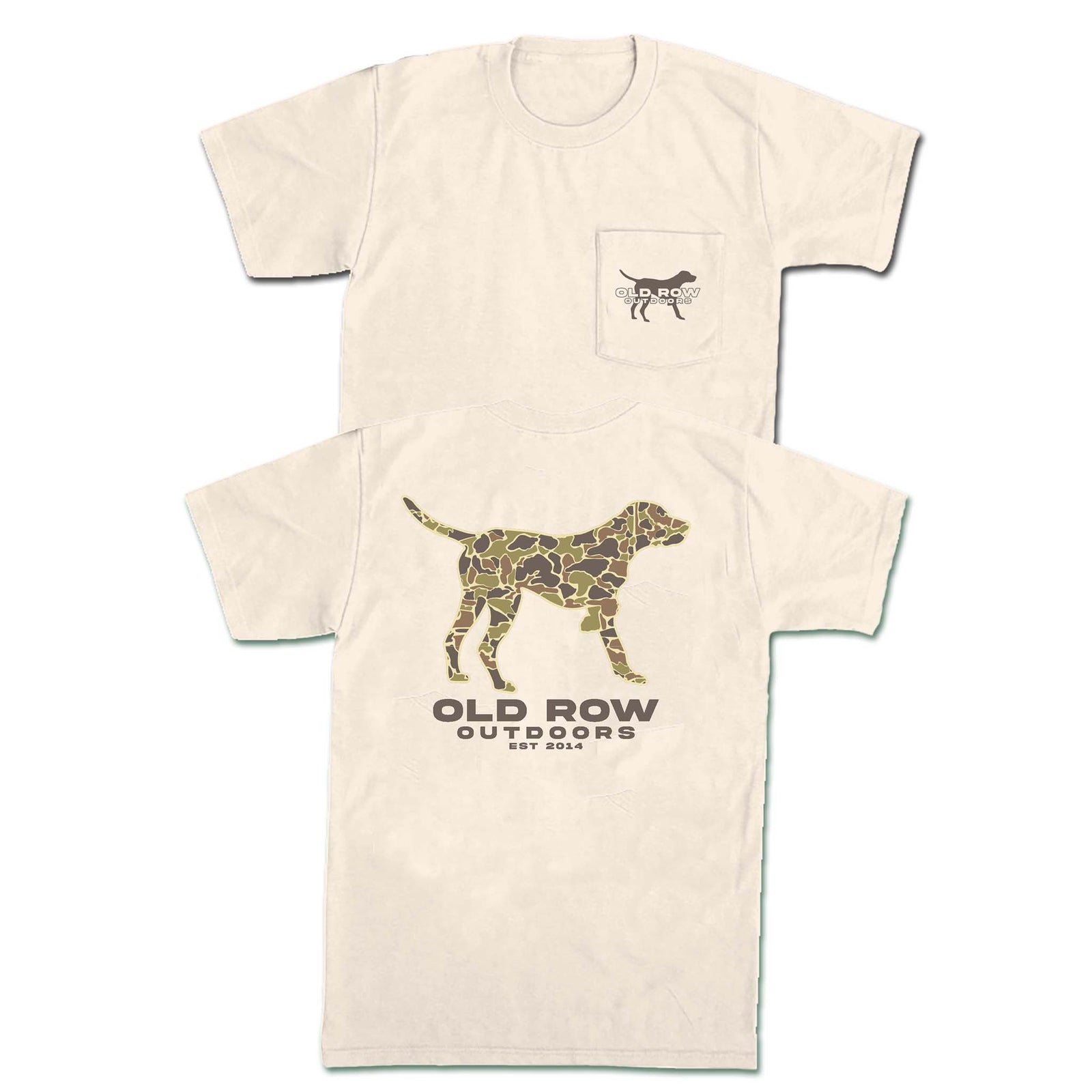 ream t-shirt with camo-pattern hunting dog silhouette on back, Old Row Outdoors chest pocket logo on front