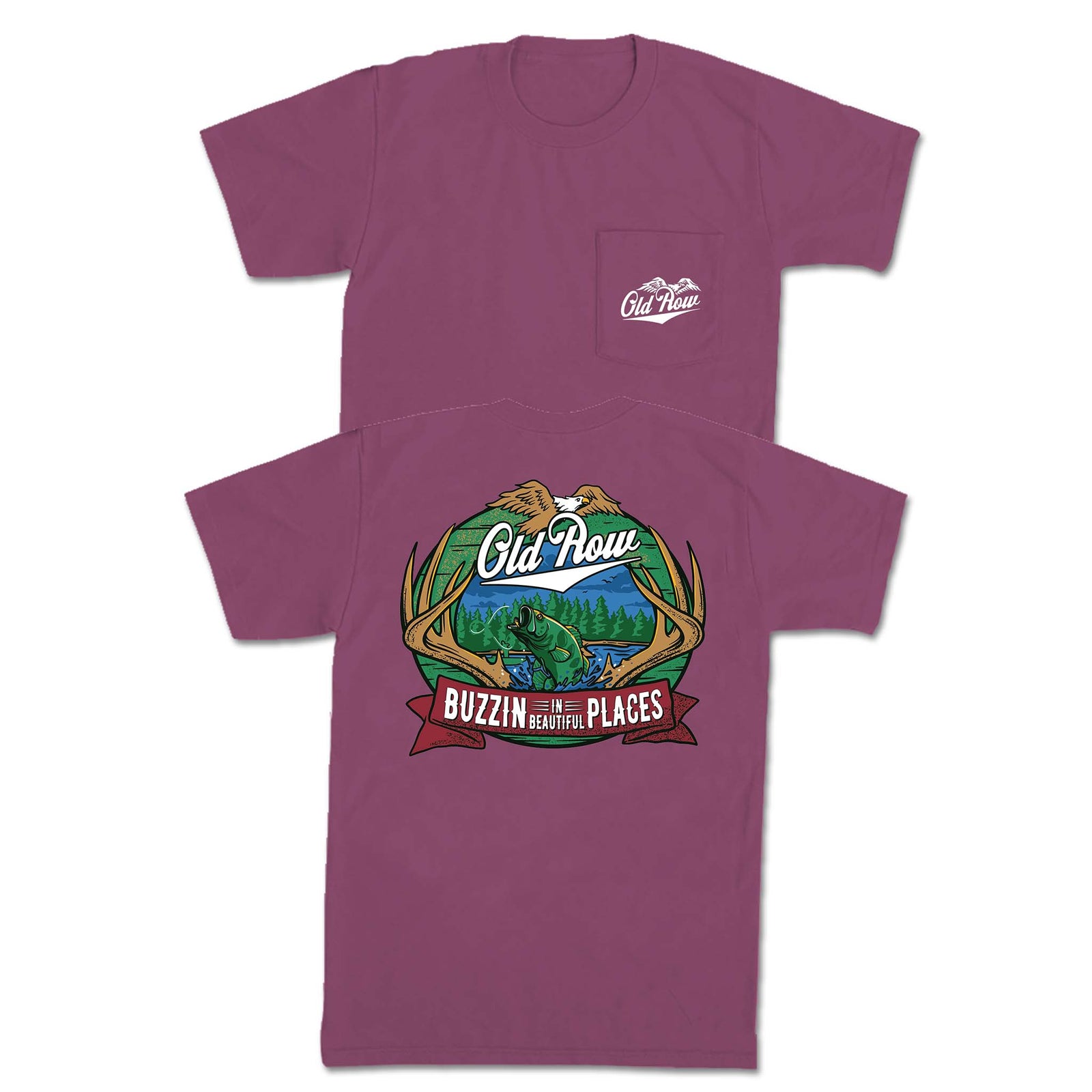 Berry Old Row tee with front script logo and back graphic of fish jumping in a forest scene framed by antlers and text “Buzzin in Beautiful Places.”