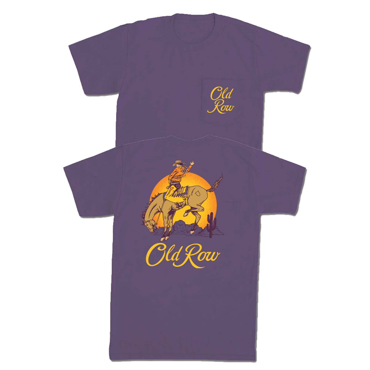 Wine-colored Old Row tee with front pocket logo and back graphic of a cowboy riding a bucking horse in front of a large orange sun and desert setting.