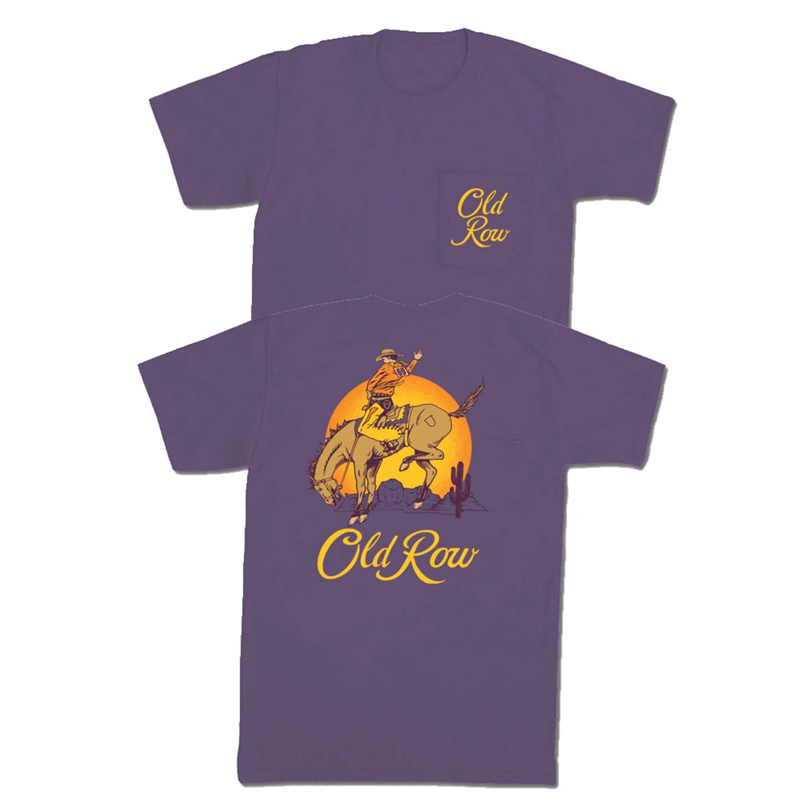 Wine-colored Old Row tee with front pocket logo and back graphic of a cowboy riding a bucking horse in front of a large orange sun and desert setting.