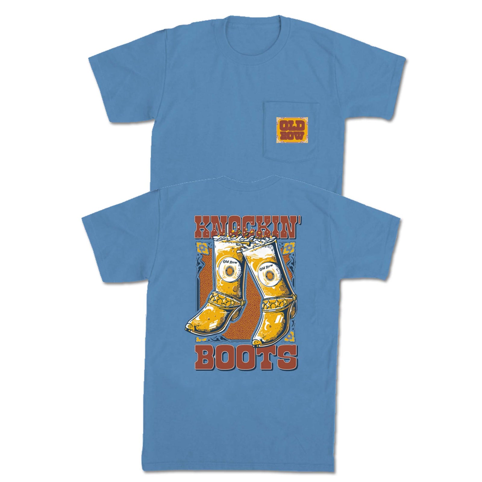 Washed denim Old Row tee with vintage-style pocket logo and bold back graphic of two beer cans in cowboy boots with “Knockin’ Boots” text.