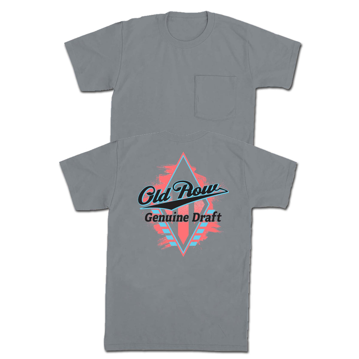 Gray pocket t-shirt with Old Row Genuine Draft logo on back featuring red and blue diamond design with script lettering
