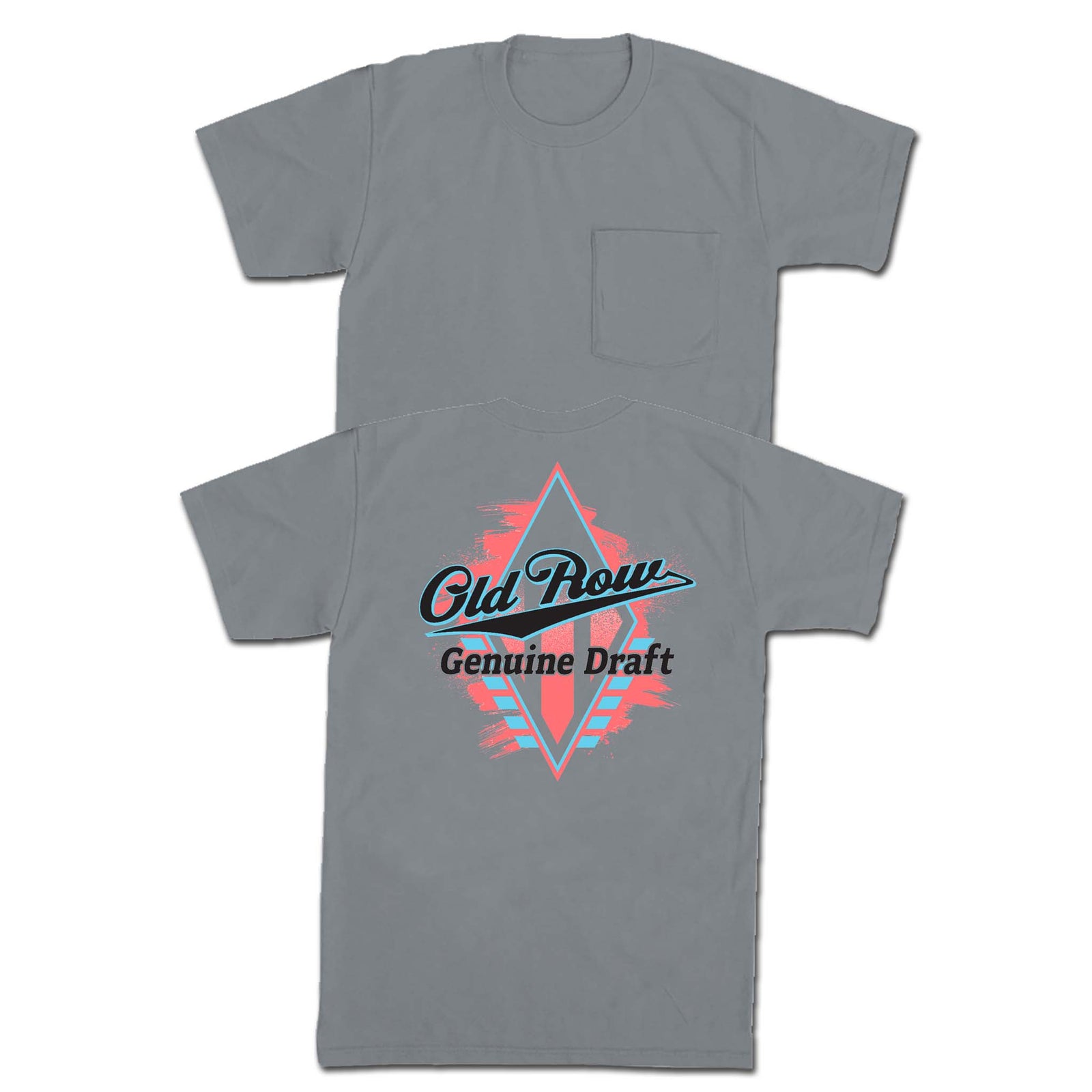 Gray pocket t-shirt with Old Row Genuine Draft logo on back featuring red and blue diamond design with script lettering