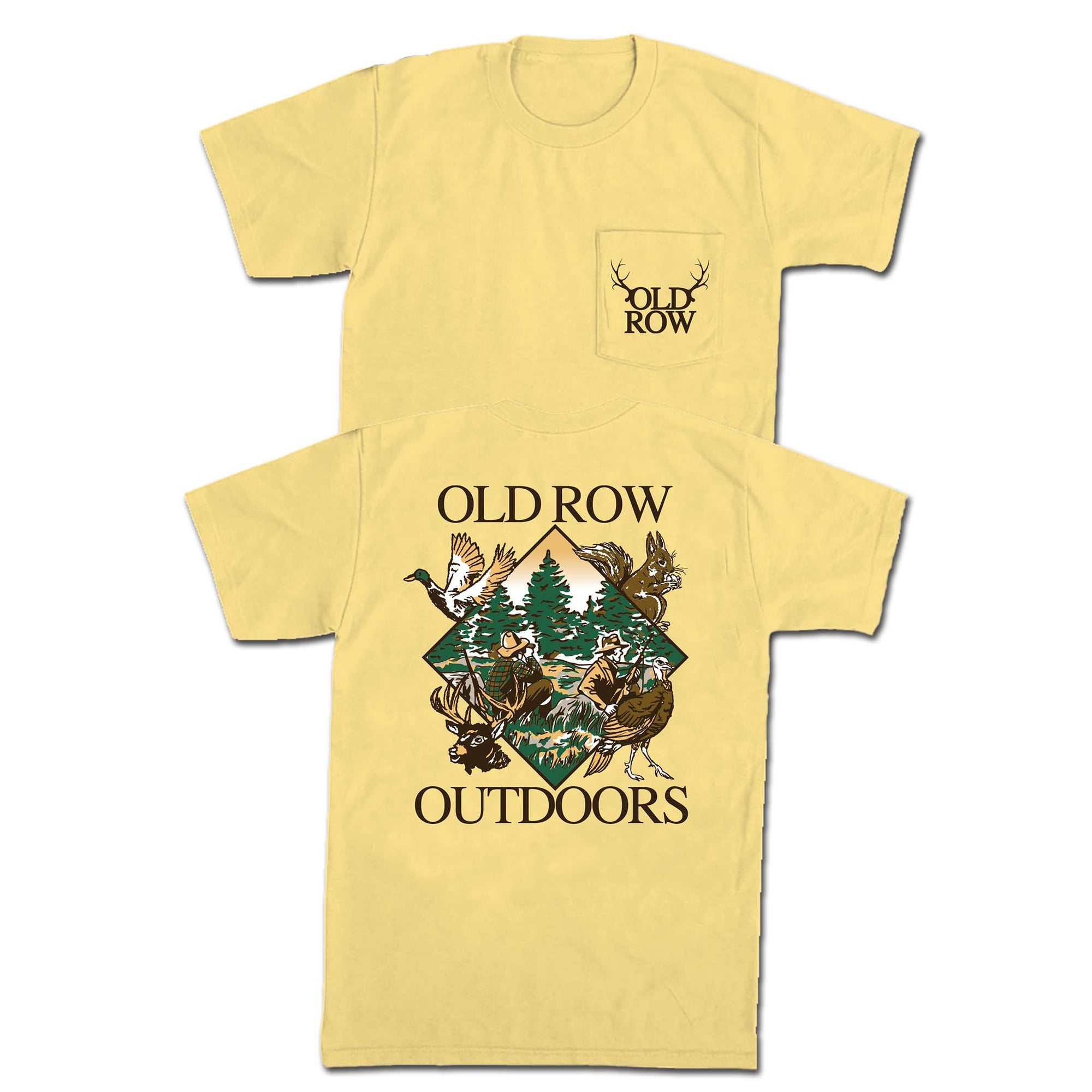Butter yellow Old Row tee with antler pocket logo and large back graphic of various wildlife animals and trees under “Old Row Outdoors” text.