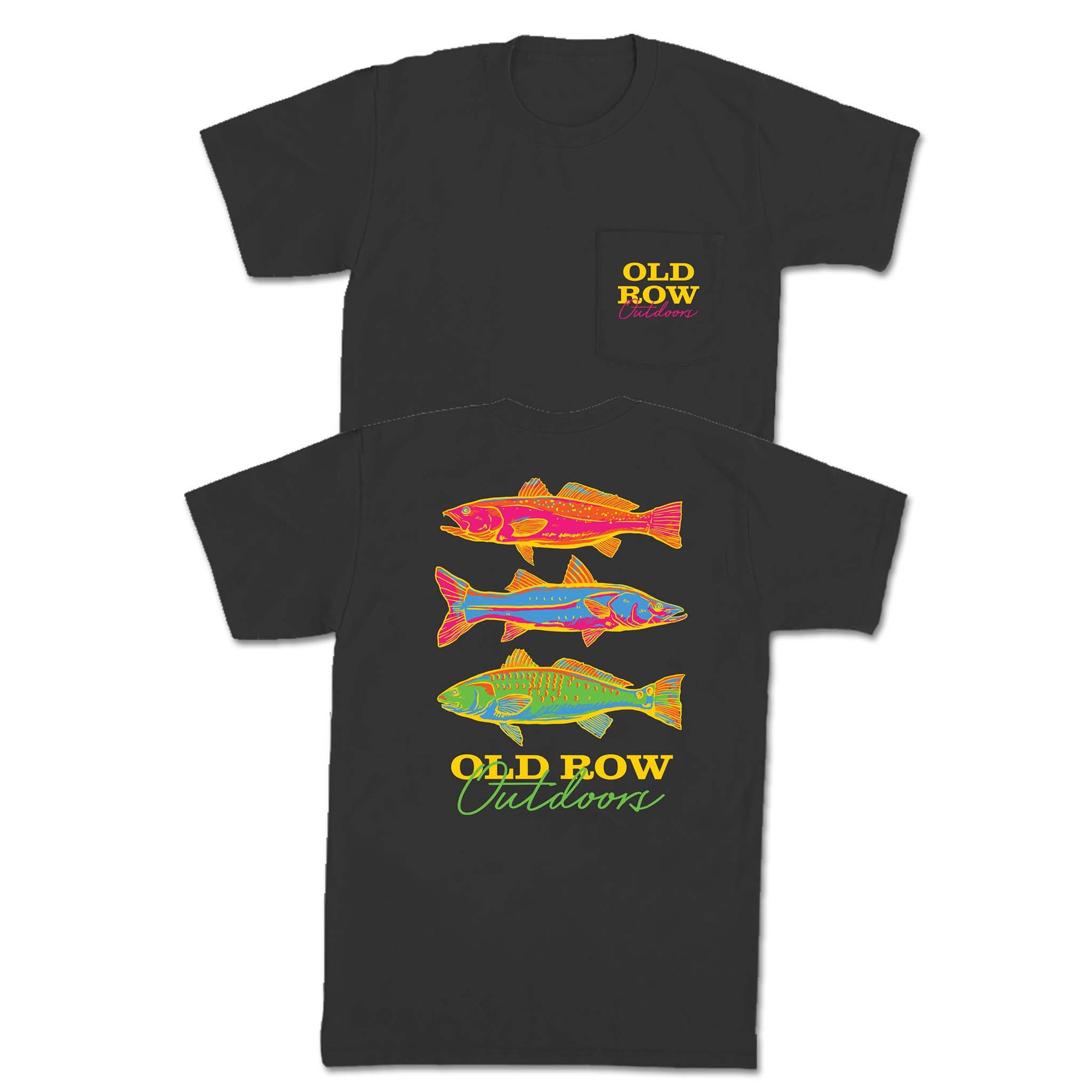 Charcoal pepper Old Row tee with colorful front pocket logo and back graphic of three brightly patterned fish with “Old Row Outdoors” below.