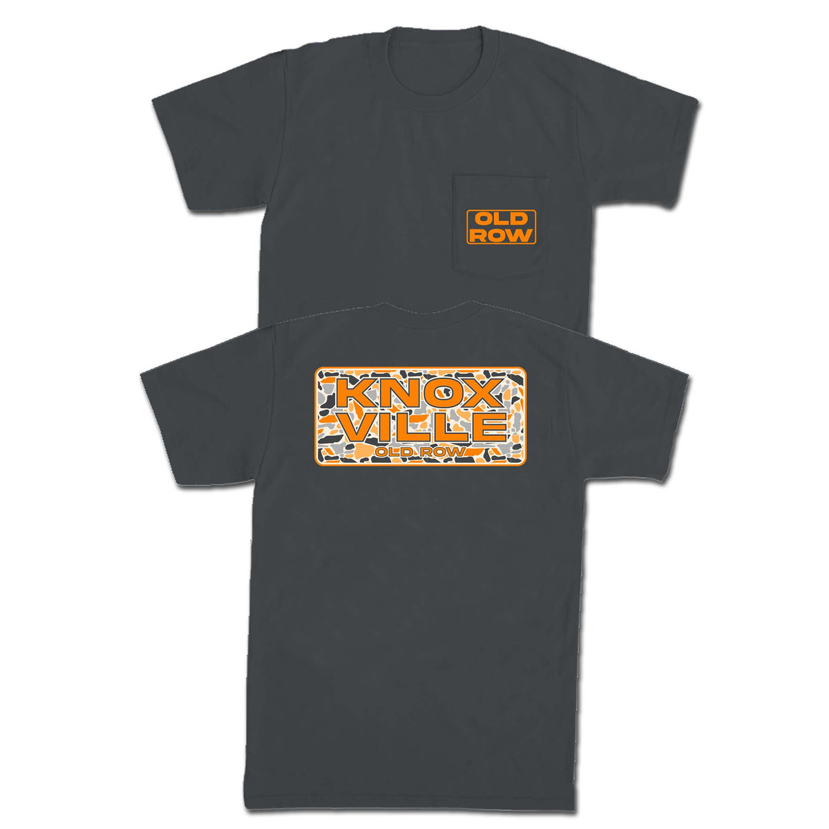 Graphite gray Old Row tee with orange logo on pocket. Back features “KNOXVILLE OLD ROW” over orange and gray camo print.