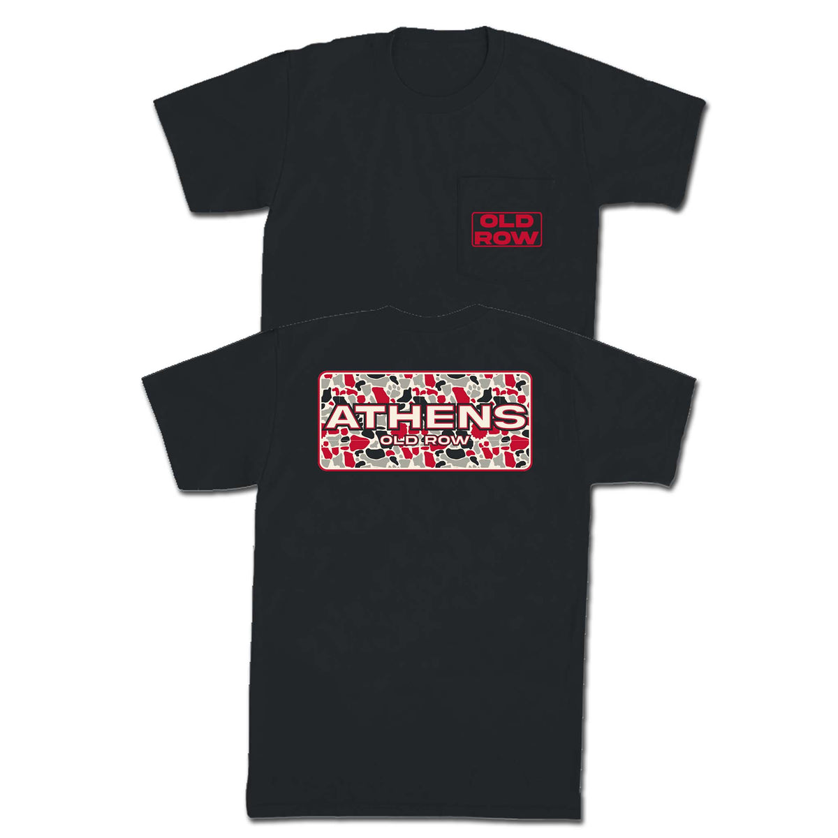 Black Old Row tee with red logo on pocket. Back shows “ATHENS OLD ROW” over red, black, and white camo print.