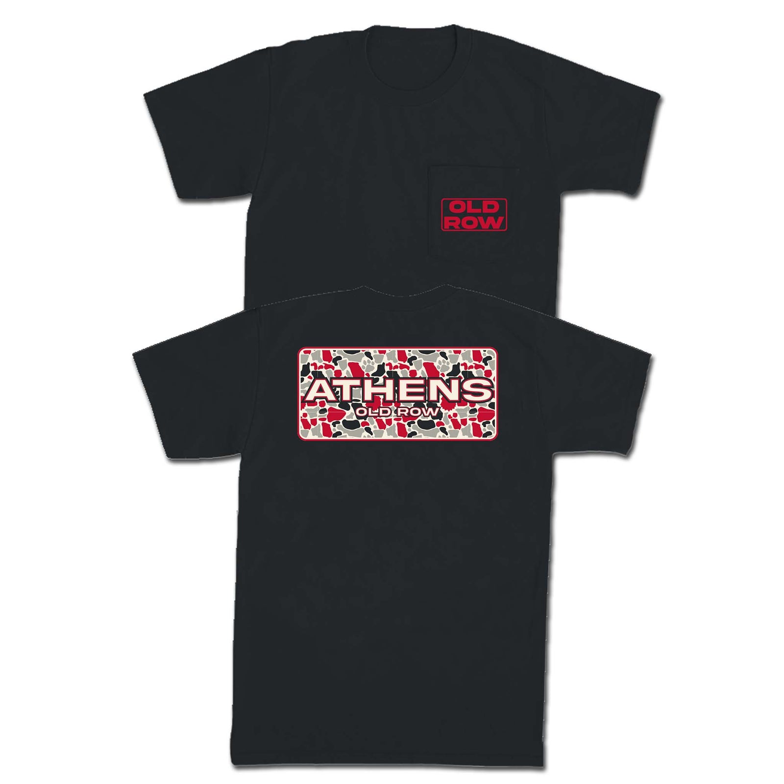 Black Old Row tee with red logo on pocket. Back shows “ATHENS OLD ROW” over red, black, and white camo print.