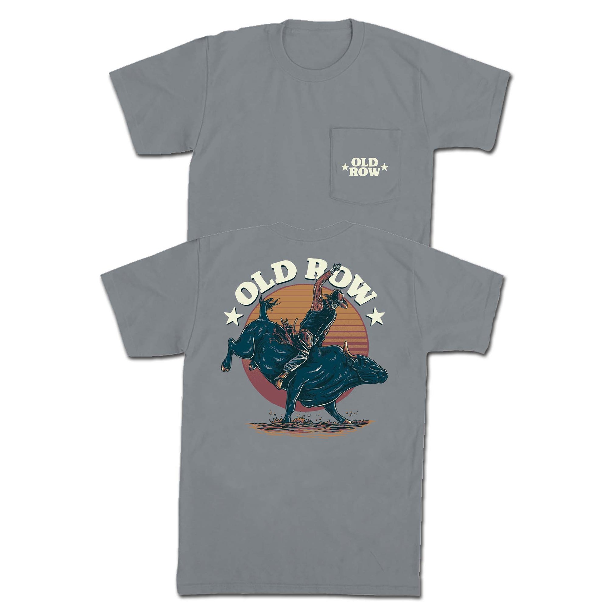 Gray Old Row short sleeve pocket t-shirt with small Old Row logo on front pocket and large back graphic of bull rider under sunset with “Old Row” text.