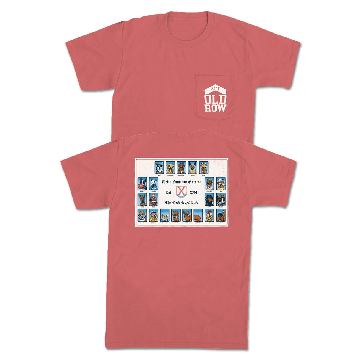 Red pocket t-shirt with Old Row logo on front, back features Delta Omicron Gamma 2014 Good Boys Club yearbook-style grid of dog portraits