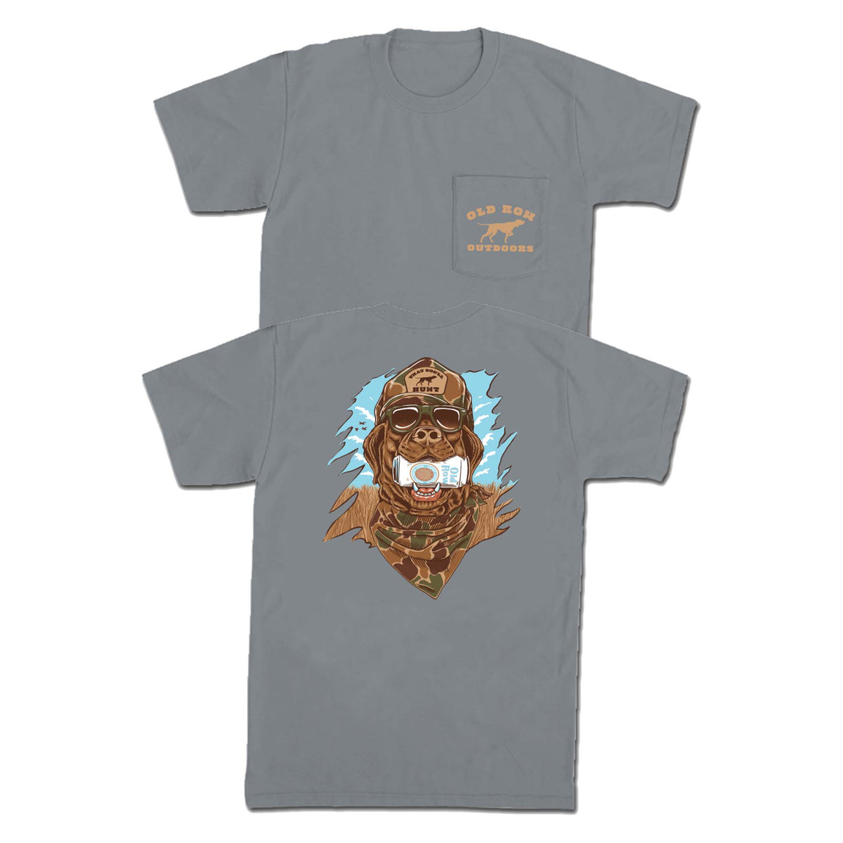 Gray t-shirt with “Old Row Outdoors” pocket logo and back graphic of a hunting dog in sunglasses and camo, holding a can in its mouth against a blue background.
