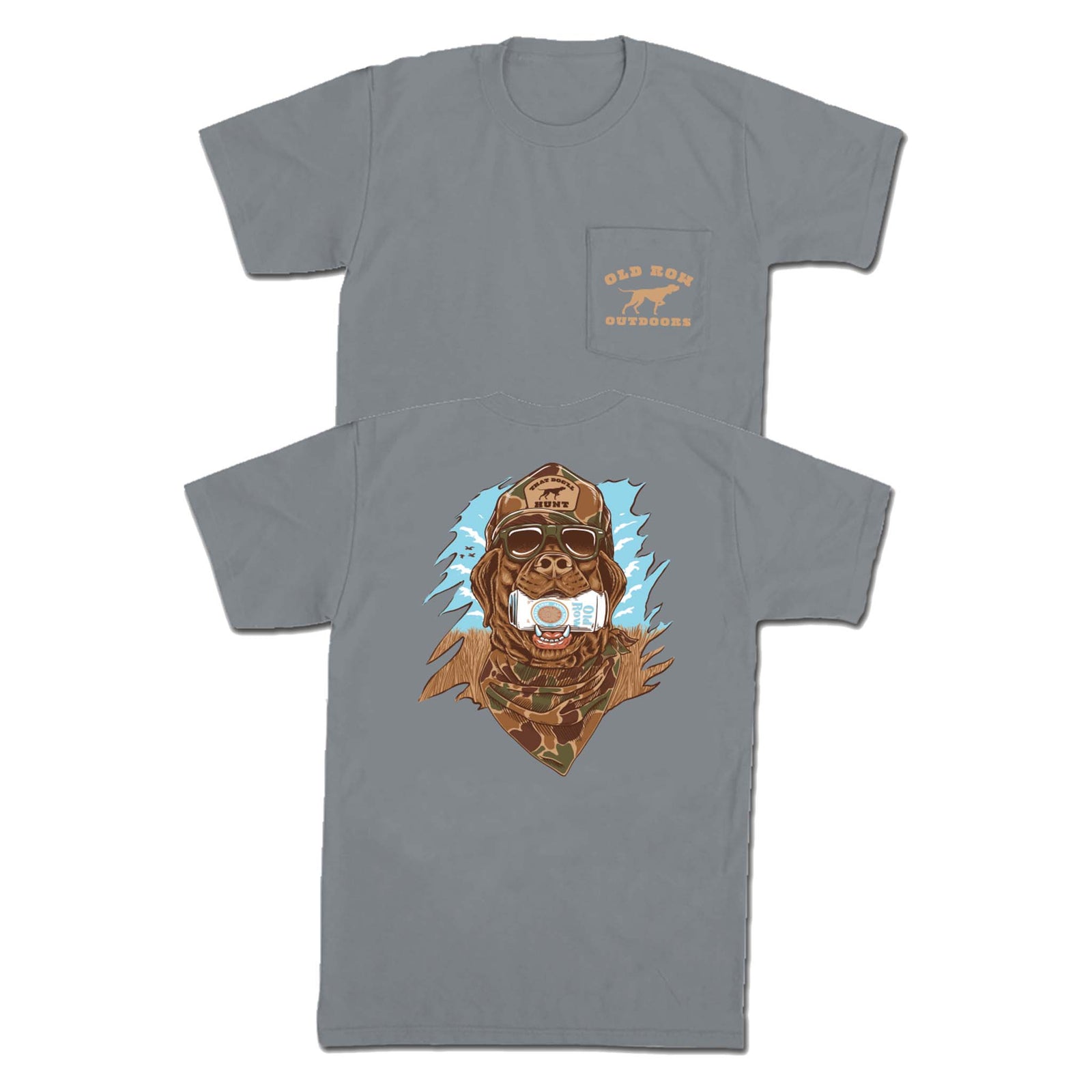 Gray t-shirt with “Old Row Outdoors” pocket logo and back graphic of a hunting dog in sunglasses and camo, holding a can in its mouth against a blue background.