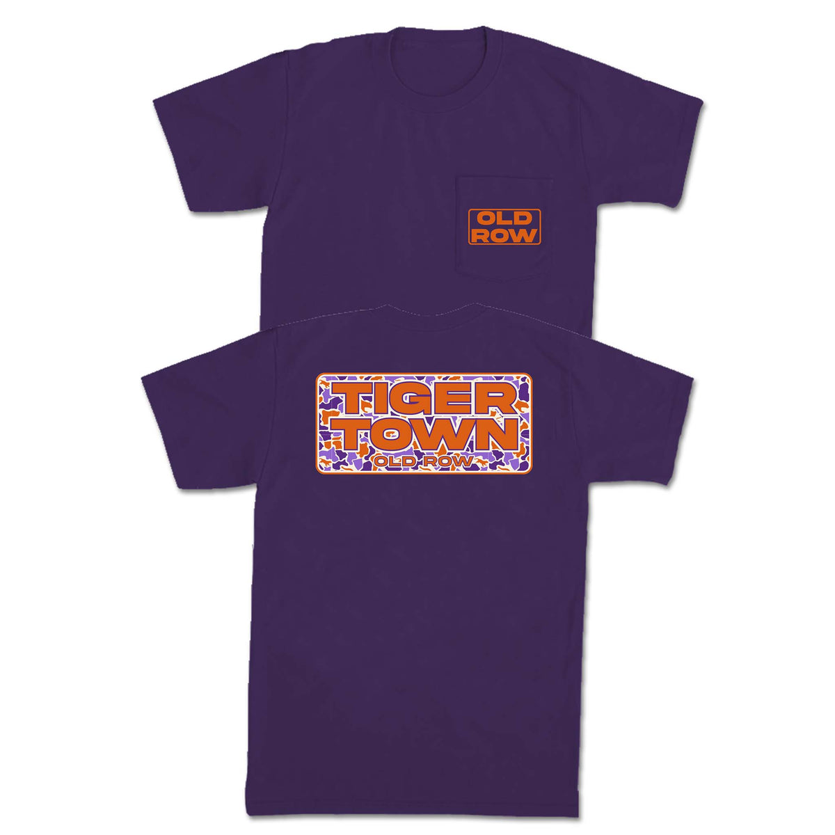 Old Row purple pocket t-shirt with orange "OLD ROW" on front and bold "TIGER TOWN" graphic on back over a purple, orange, and white camo background.