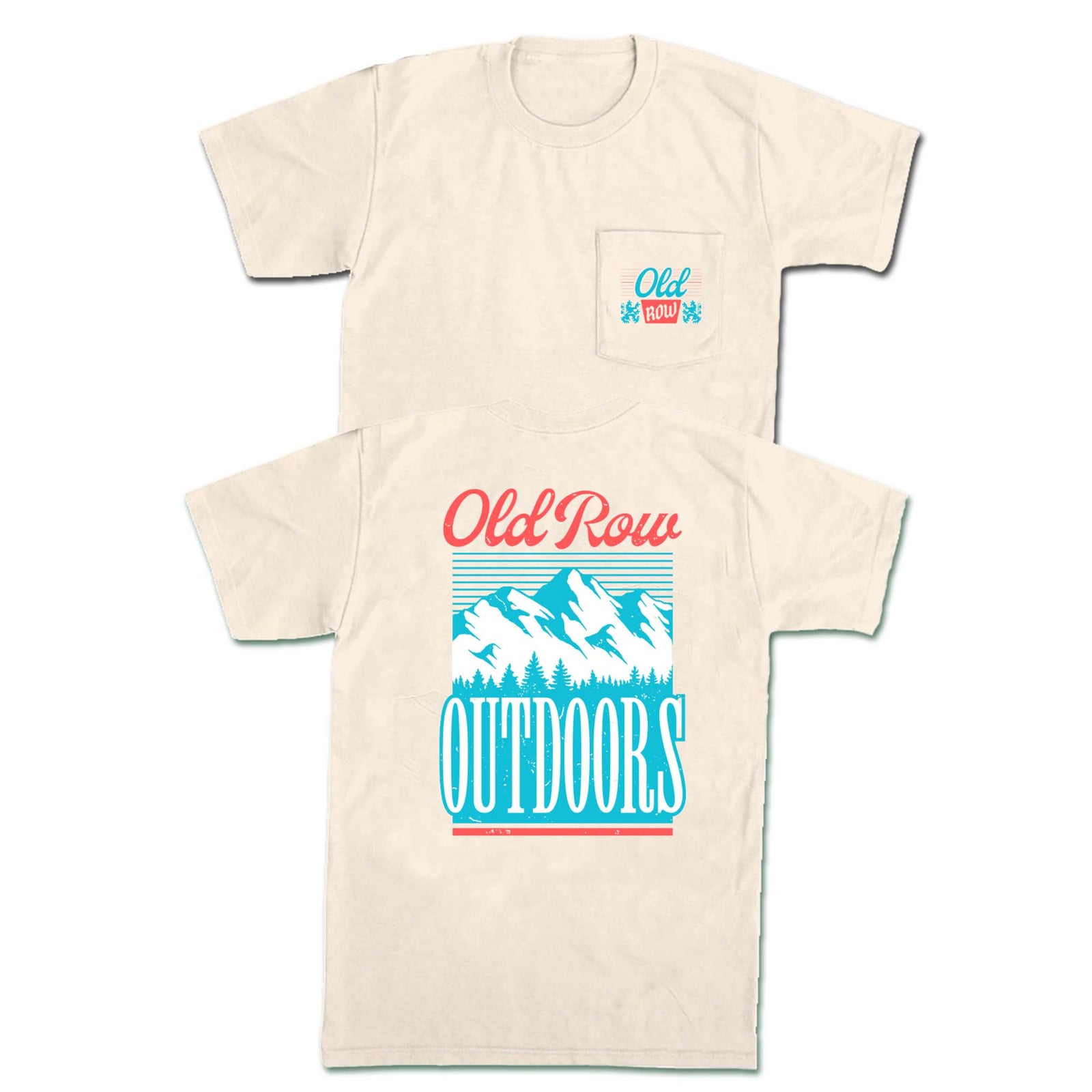 Old Row Outdoors ivory short sleeve tee with front pocket logo and back graphic of teal mountains, pine trees, and bold red and blue text.