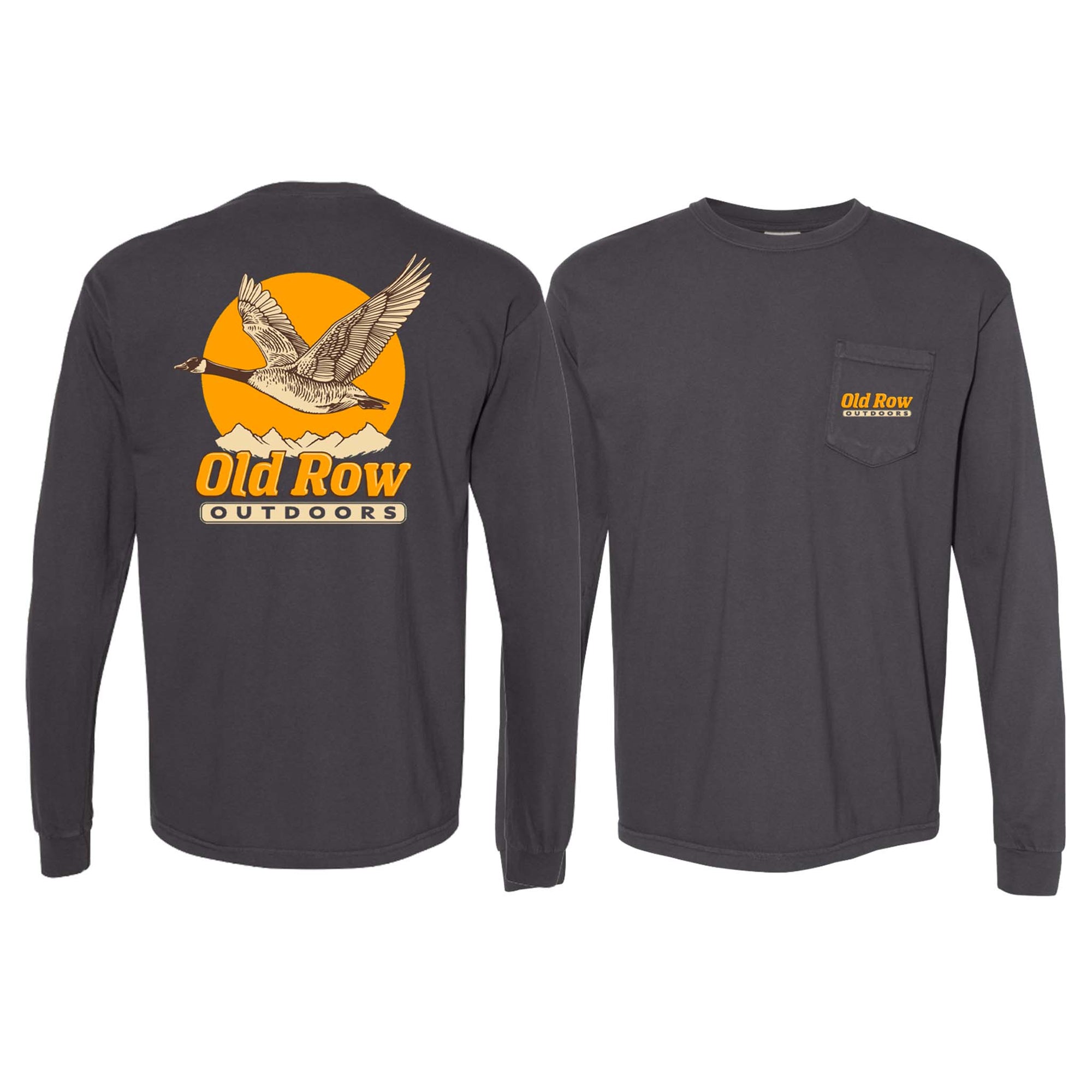 Front and back view of graphite gray Old Row Outdoors long sleeve t-shirt with pocket logo on front and large back graphic of a flying goose over mountains with orange sun.