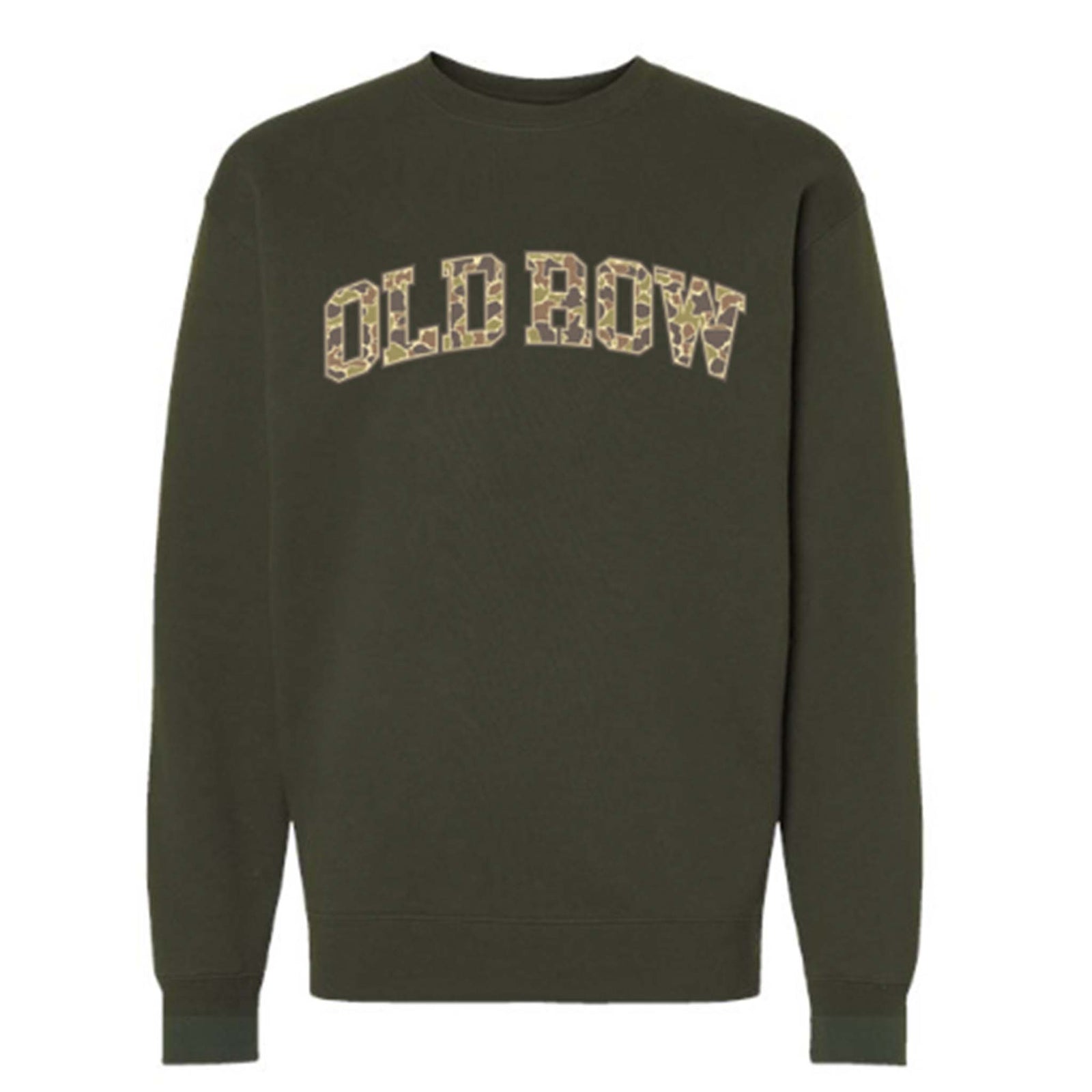 Army green crewneck sweatshirt with "OLD ROW" in large block letters across the chest filled with a brown and tan camo pattern.
