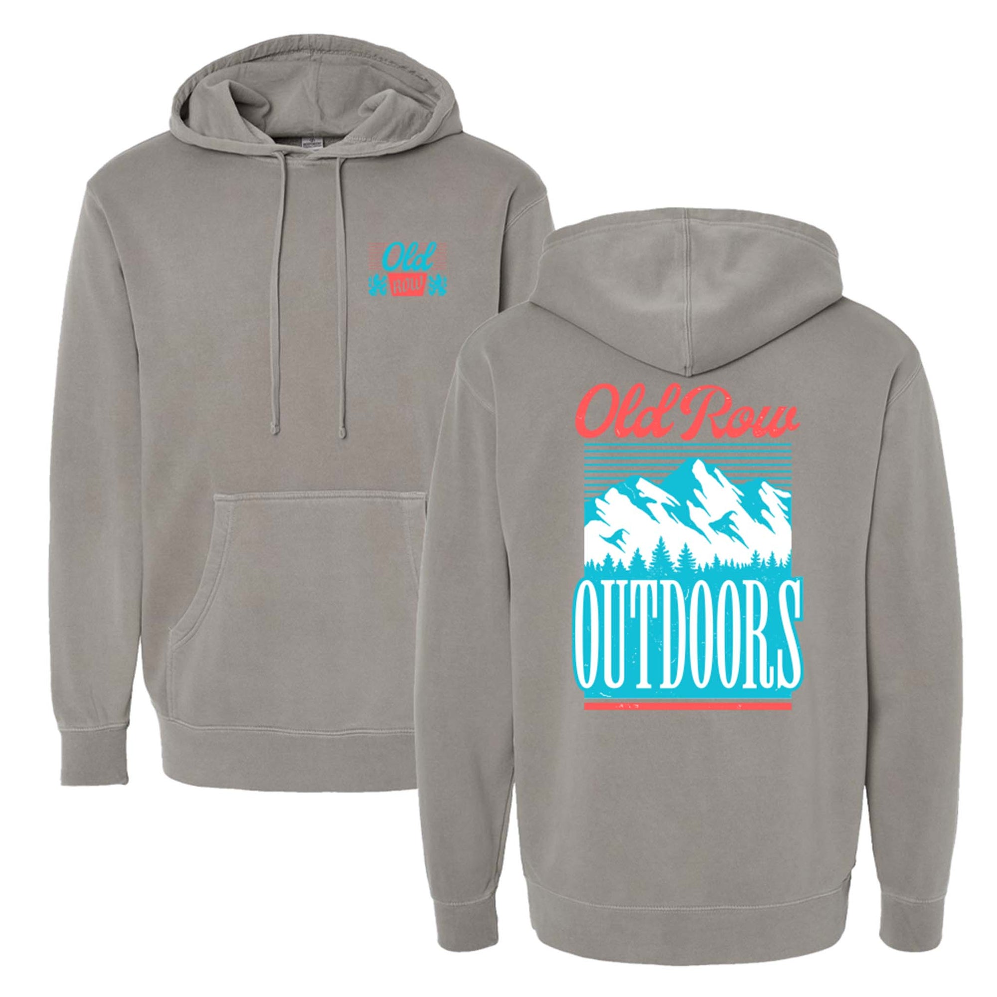 Cement grey Old Row hoodie with large mountain and tree graphic, “Old Row Outdoors” text in red and teal.