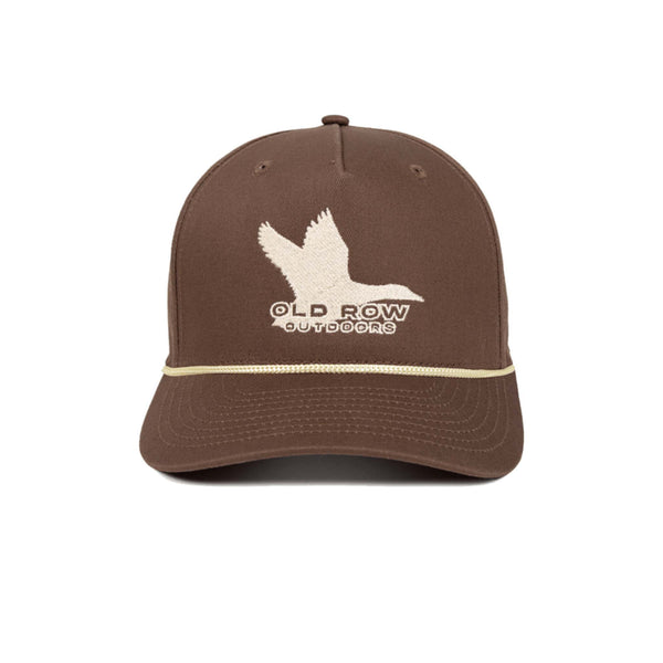 Brown Old Row Outdoors hat with embroidered duck graphic and rope detail across the brim.