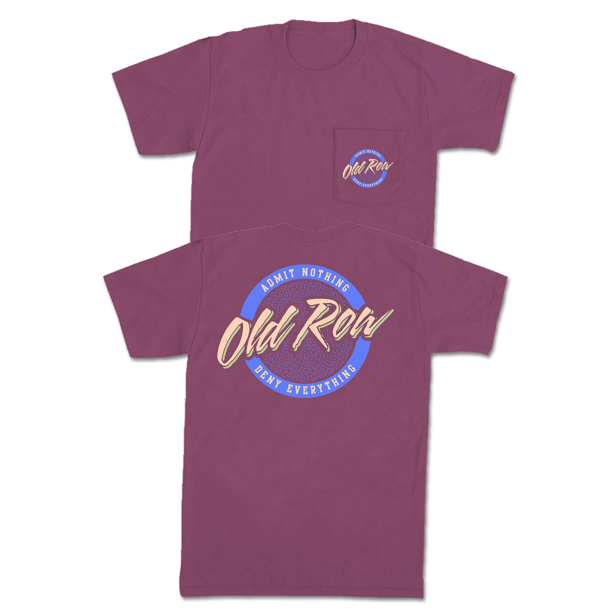 Maroon t-shirt with 'Old Row' logo on front and back