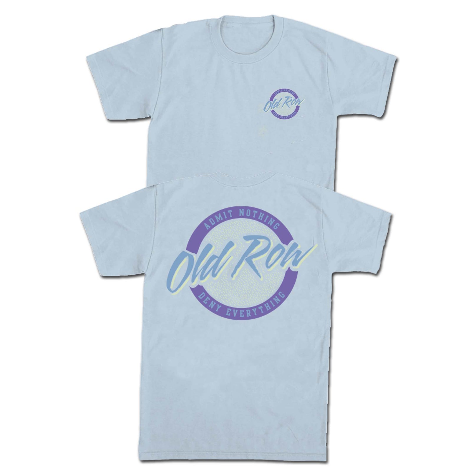Old Row Circle Logo Short Sleeve T-shirt, color chambray blue, sizes S-XXL, unisex sizing, 100% cotton.
The back design features the Old Row Circle Logo in purple and blue with yellow highlights.
The front features the Old Row Circle Logo in purple and blue with yellow highlights on the left chest.