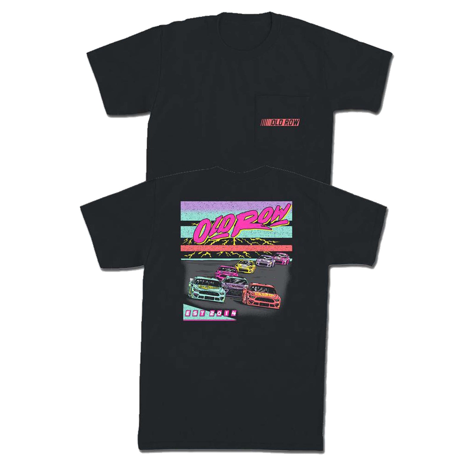 Back view of a black Old Row T-shirt showcasing a large neon racing graphic with vibrant colors and motion-inspired design elements, printed on a relaxed-fit cotton tee.