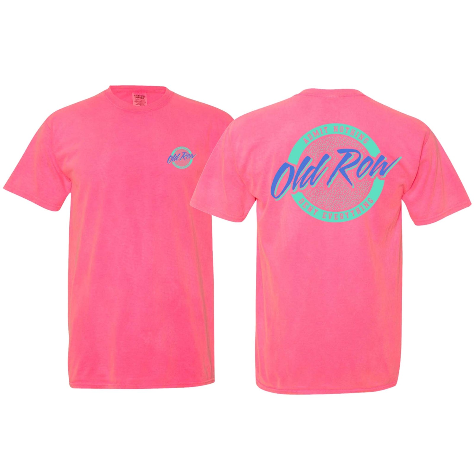 Old Row Circle Logo Short Sleeve T-shirt, color neon pink, sizes S-XXL, unisex sizing, 100% cotton.
The back design features the Old Row Circle Logo in purplish blue and aqua green.
The front features the Old Row Circle Logo in purplish blue and aqua green.