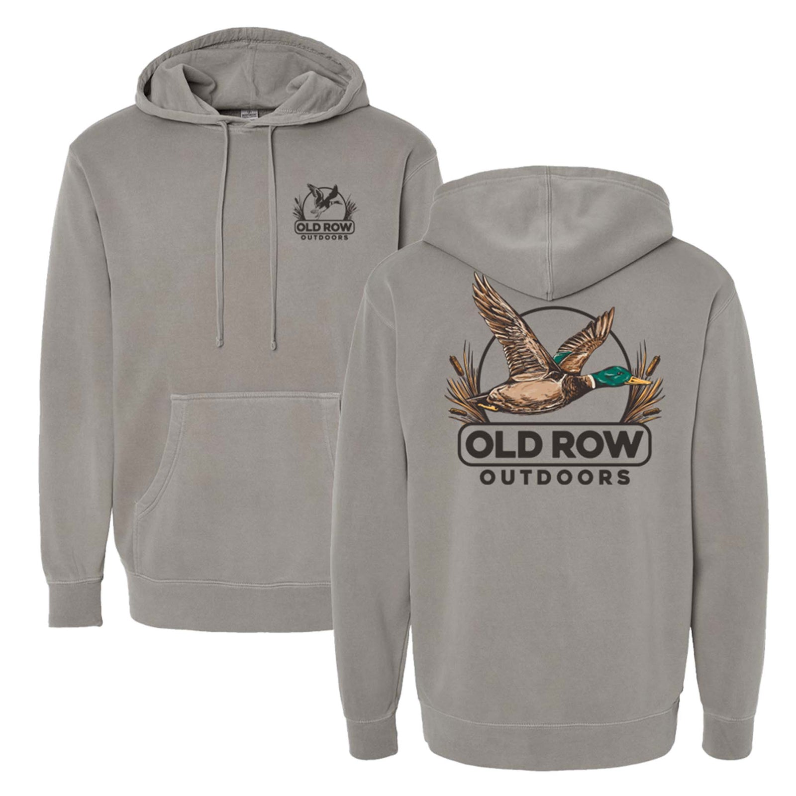 Grey heather Old Row Outdoors hoodie with large flying mallard duck illustration and “Old Row Outdoors” text.