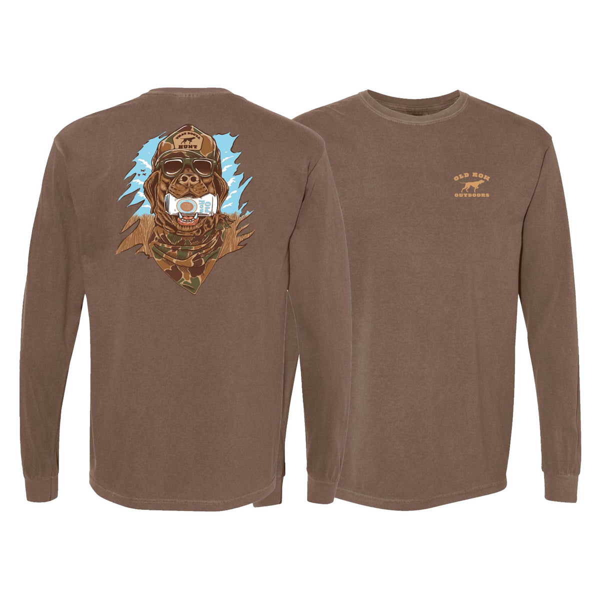 Brown long-sleeve shirt with a graphic of a dog wearing a helmet on the back, displayed on a white background.