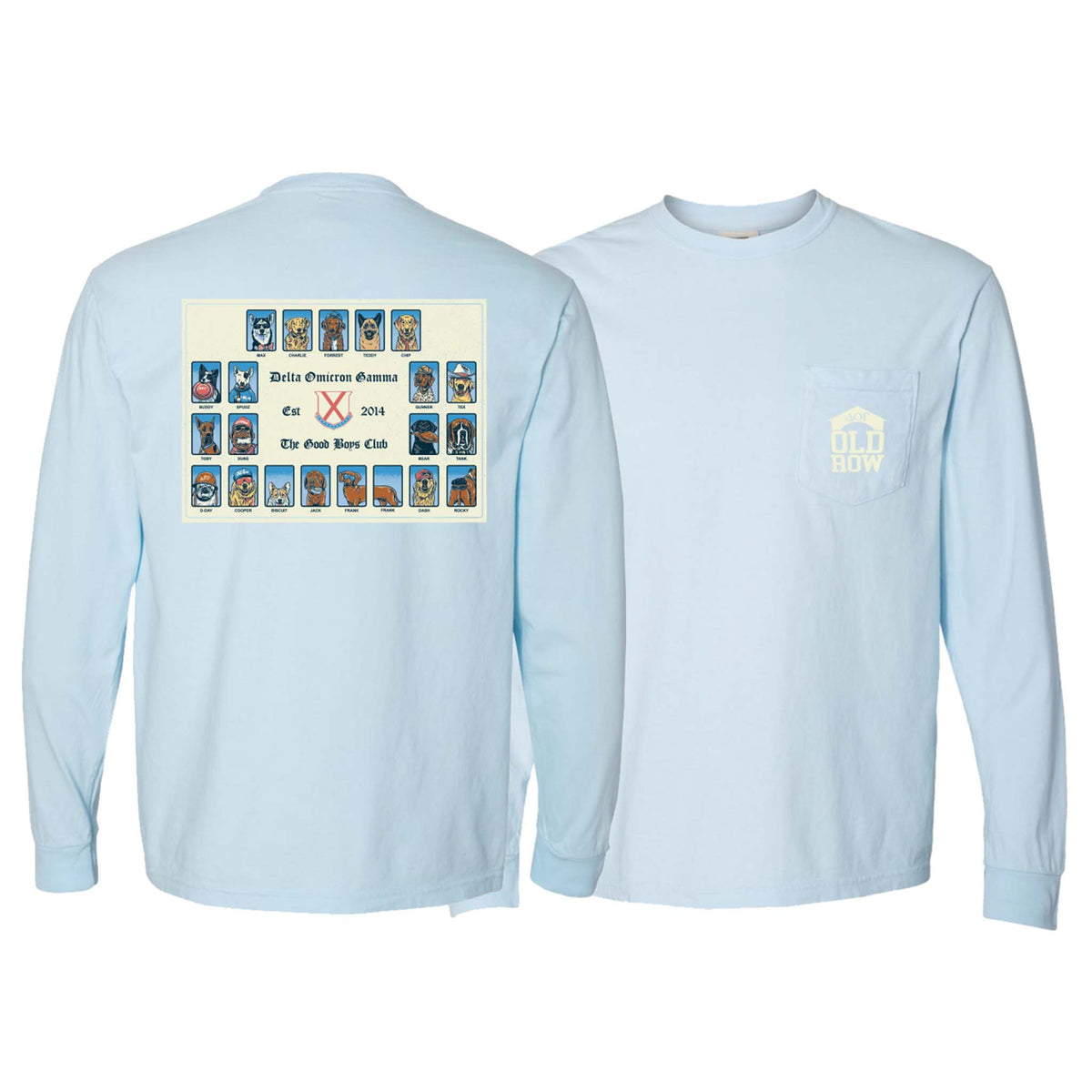 Front and back view of chambray blue Old Row Outdoors long sleeve t-shirt with chest pocket logo and back graphic featuring illustrated dogs with the text “Delta Omicron Gamma Est. 2014 The Good Boys Club.”