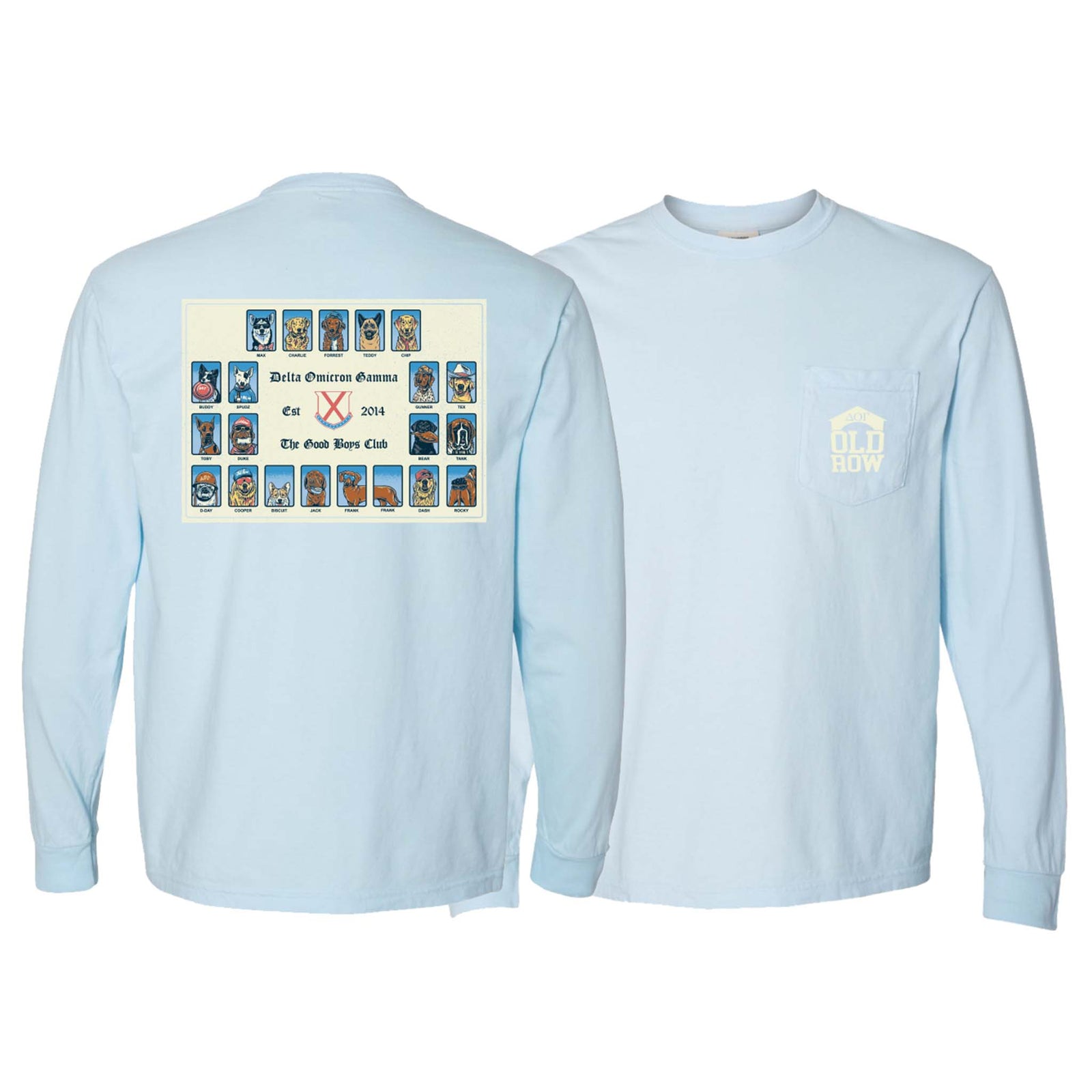Front and back view of chambray blue Old Row Outdoors long sleeve t-shirt with chest pocket logo and back graphic featuring illustrated dogs with the text “Delta Omicron Gamma Est. 2014 The Good Boys Club.”