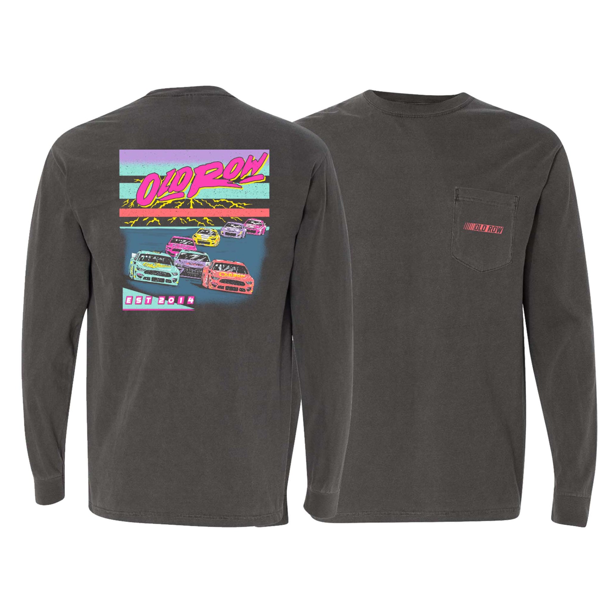 Charcoal Old Row long sleeve pocket t-shirt with small Old Row racing logo on front pocket and large back graphic of colorful race cars with bold “Old Row” text.