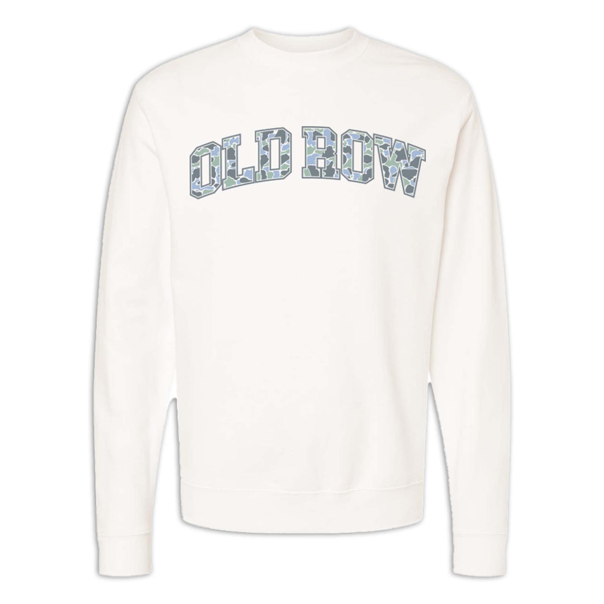 Bone white crewneck sweatshirt with "OLD ROW" in large block letters across the chest filled with a blue, green, and gray camo pattern.