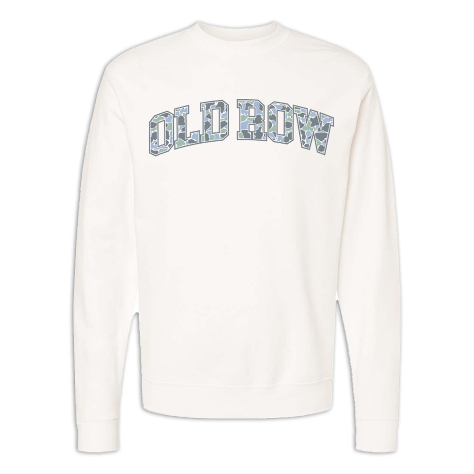 Bone white crewneck sweatshirt with "OLD ROW" in large block letters across the chest filled with a blue, green, and gray camo pattern.