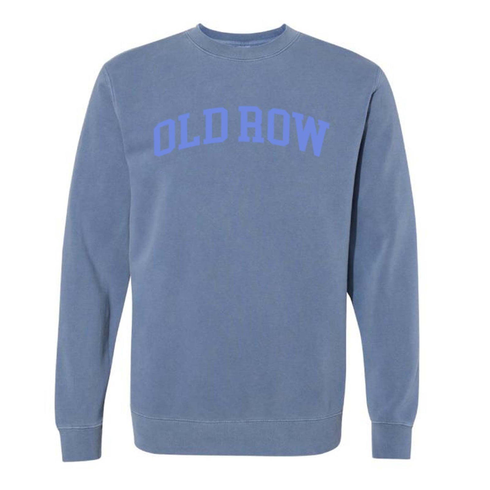 Front view of blue Old Row crewneck sweatshirt with large arched “Old Row” text printed across the chest in lighter blue.