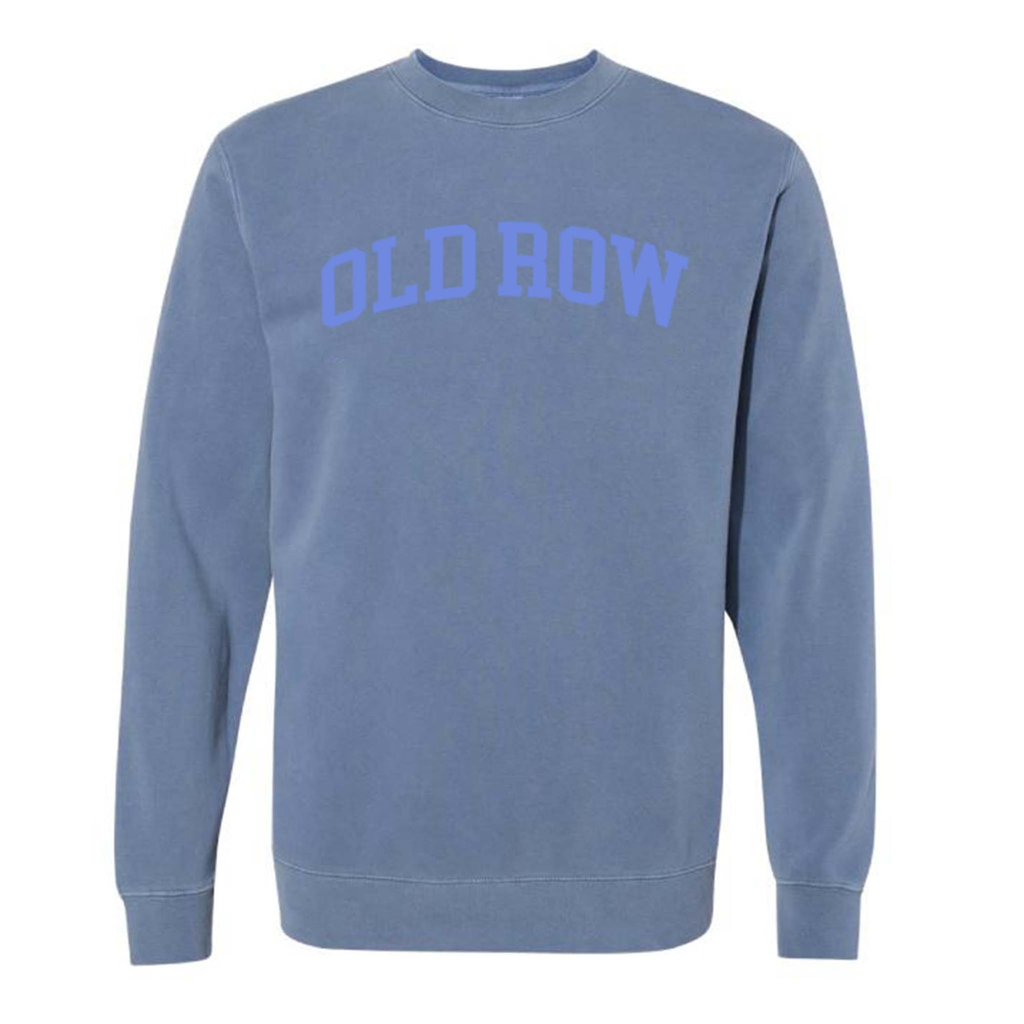 Front view of blue Old Row crewneck sweatshirt with large arched “Old Row” text printed across the chest in lighter blue.