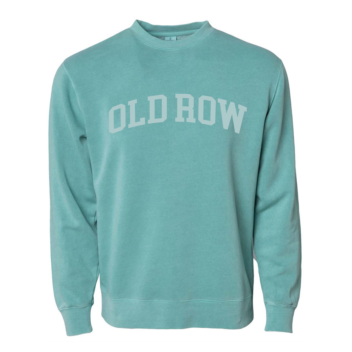 Front view of mint green Old Row crewneck sweatshirt with large arched “Old Row” text printed across the chest in light grey.