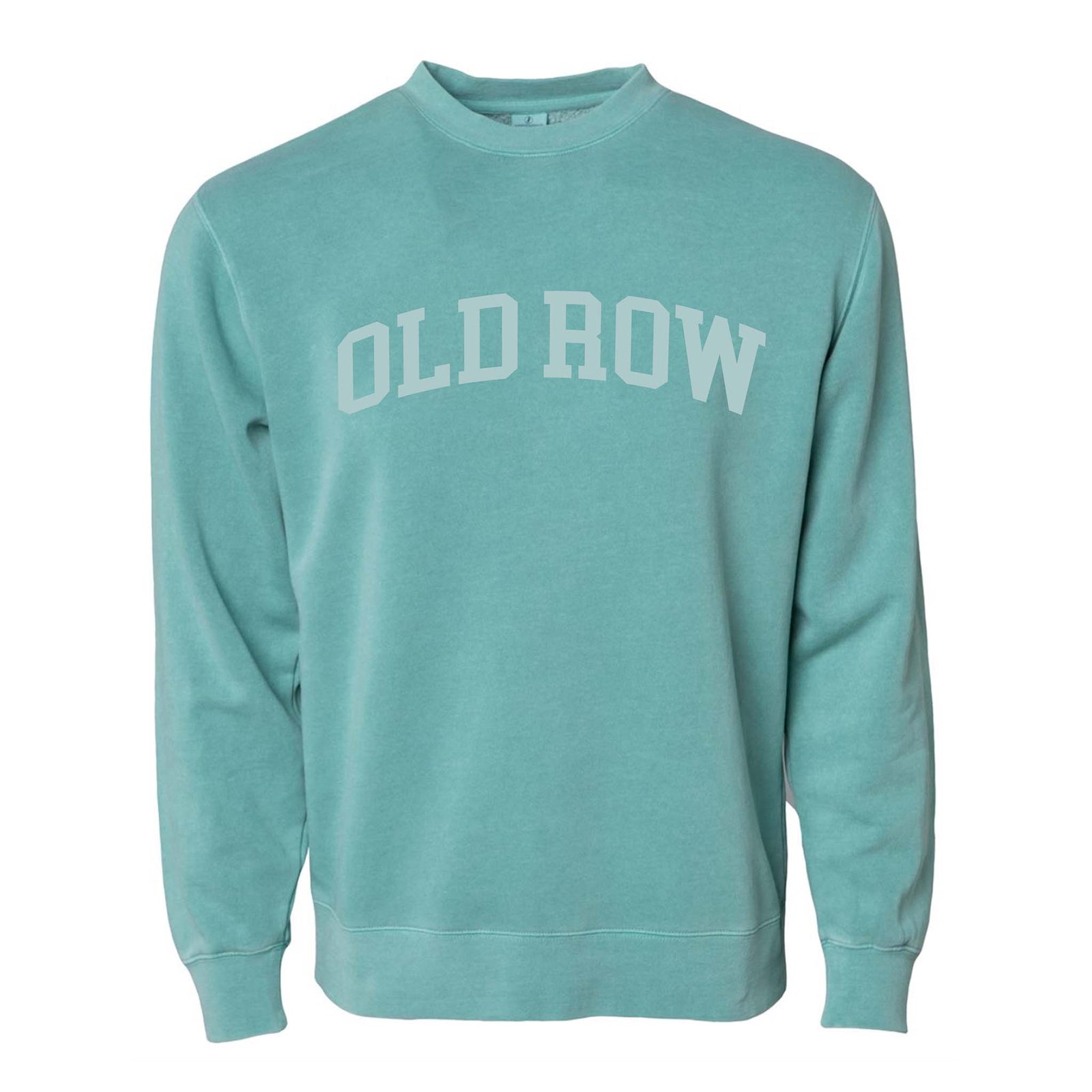 Front view of mint green Old Row crewneck sweatshirt with large arched “Old Row” text printed across the chest in light grey.