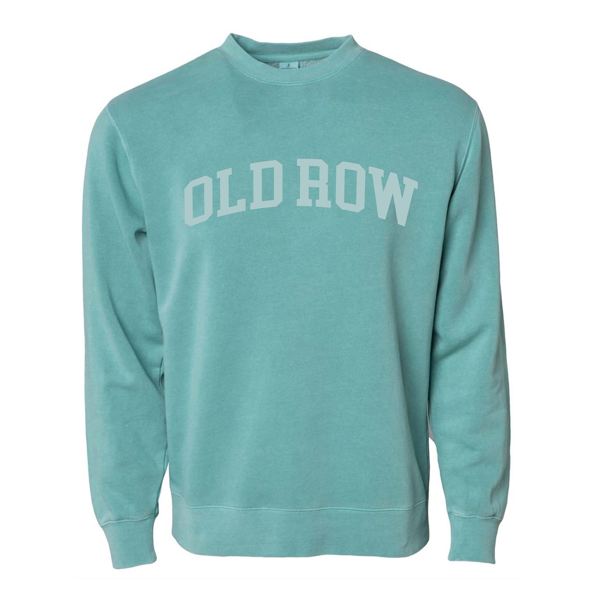 Front view of mint green Old Row crewneck sweatshirt with large arched “Old Row” text printed across the chest in light grey.