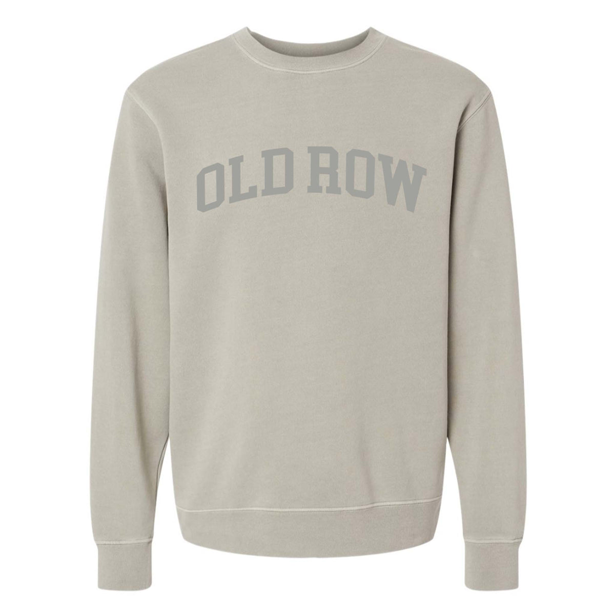 Front view of cement grey Old Row crewneck sweatshirt with large arched “Old Row” text printed across the chest in dark grey.