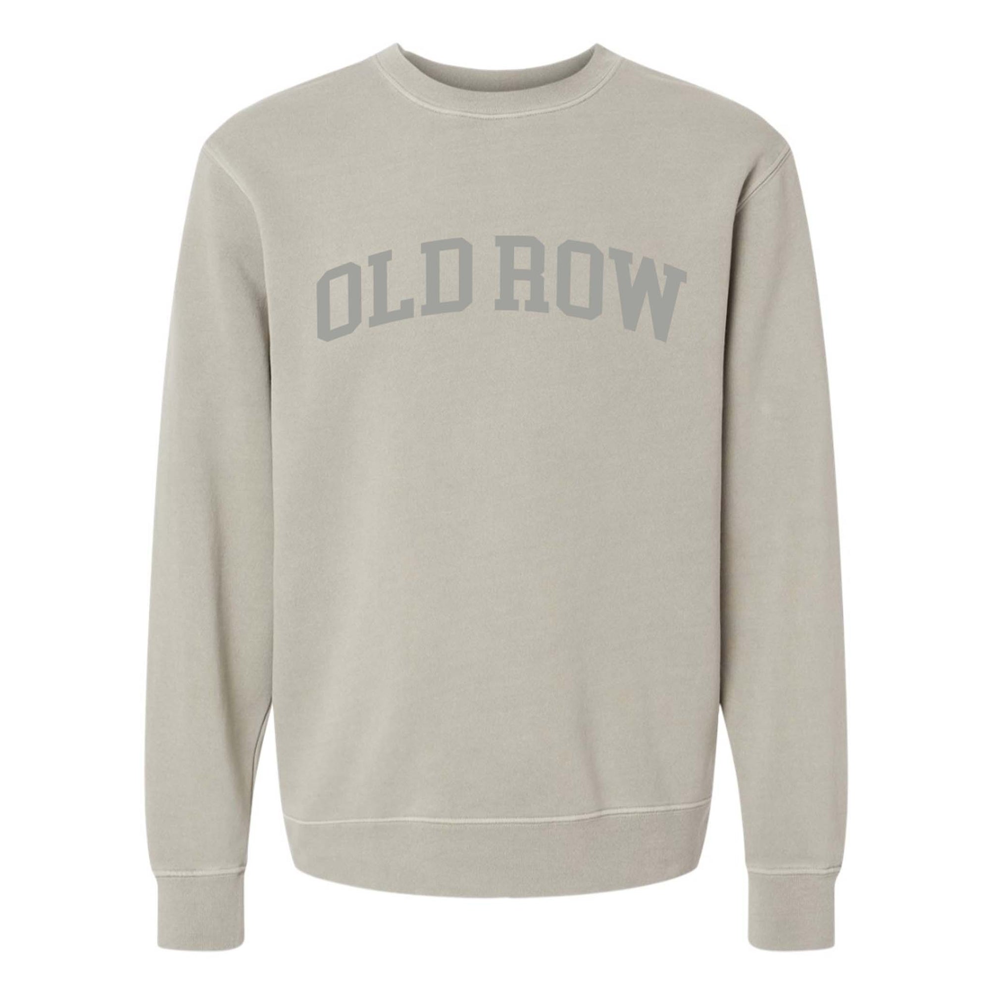 Front view of cement grey Old Row crewneck sweatshirt with large arched “Old Row” text printed across the chest in dark grey.