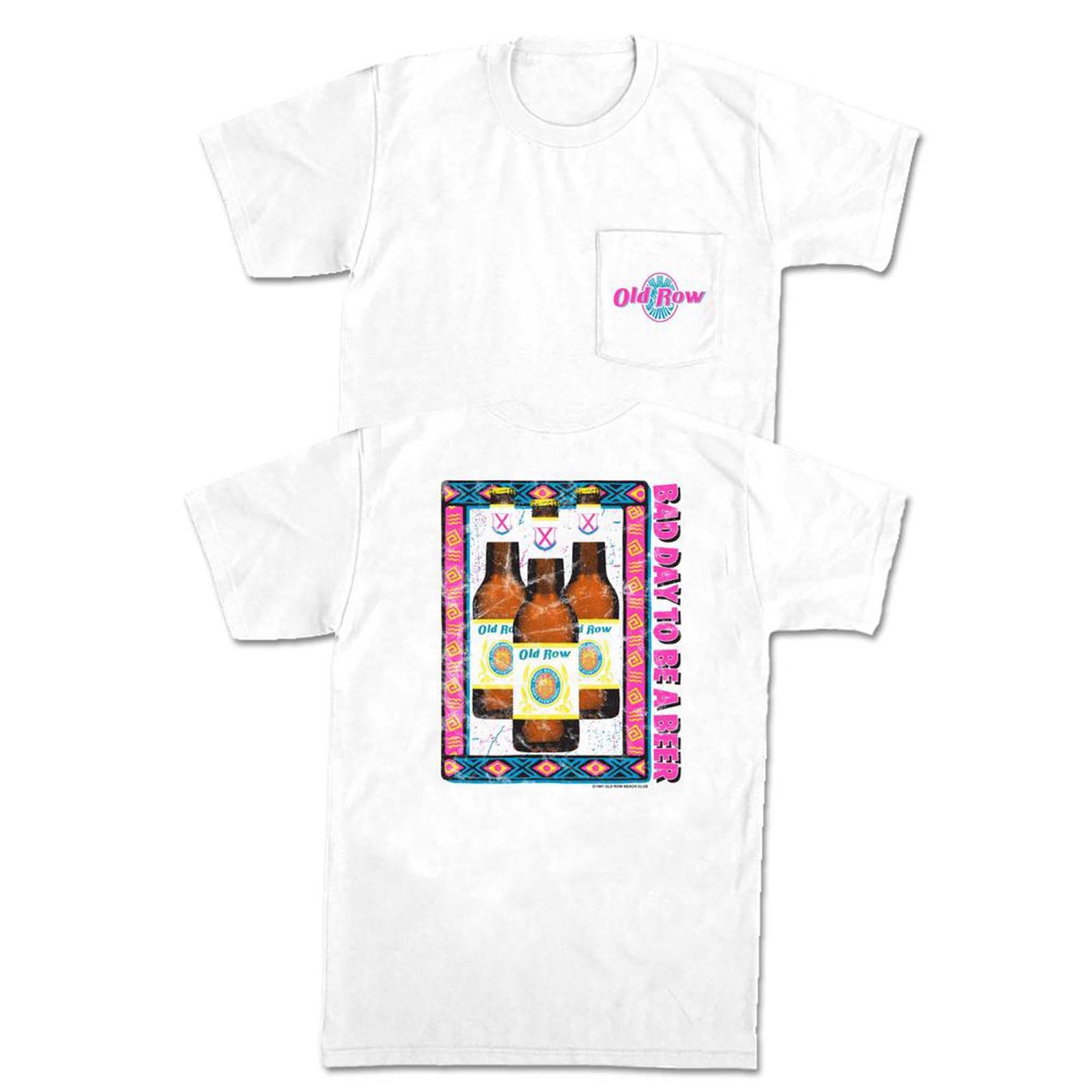 Old Row BDTBAB 90s Retro Short Sleeve T-Shirt in White, sizes S-XXL, 100% cotton, unisex sizing.
Front of white short sleeve t-shirt with pink and blue Old Row logo on the left chest pocket. Back displays three beer bottles with Old Row labels against a colorful southwestern-style frame and the phrase “Bad Day to Be a Beer.”