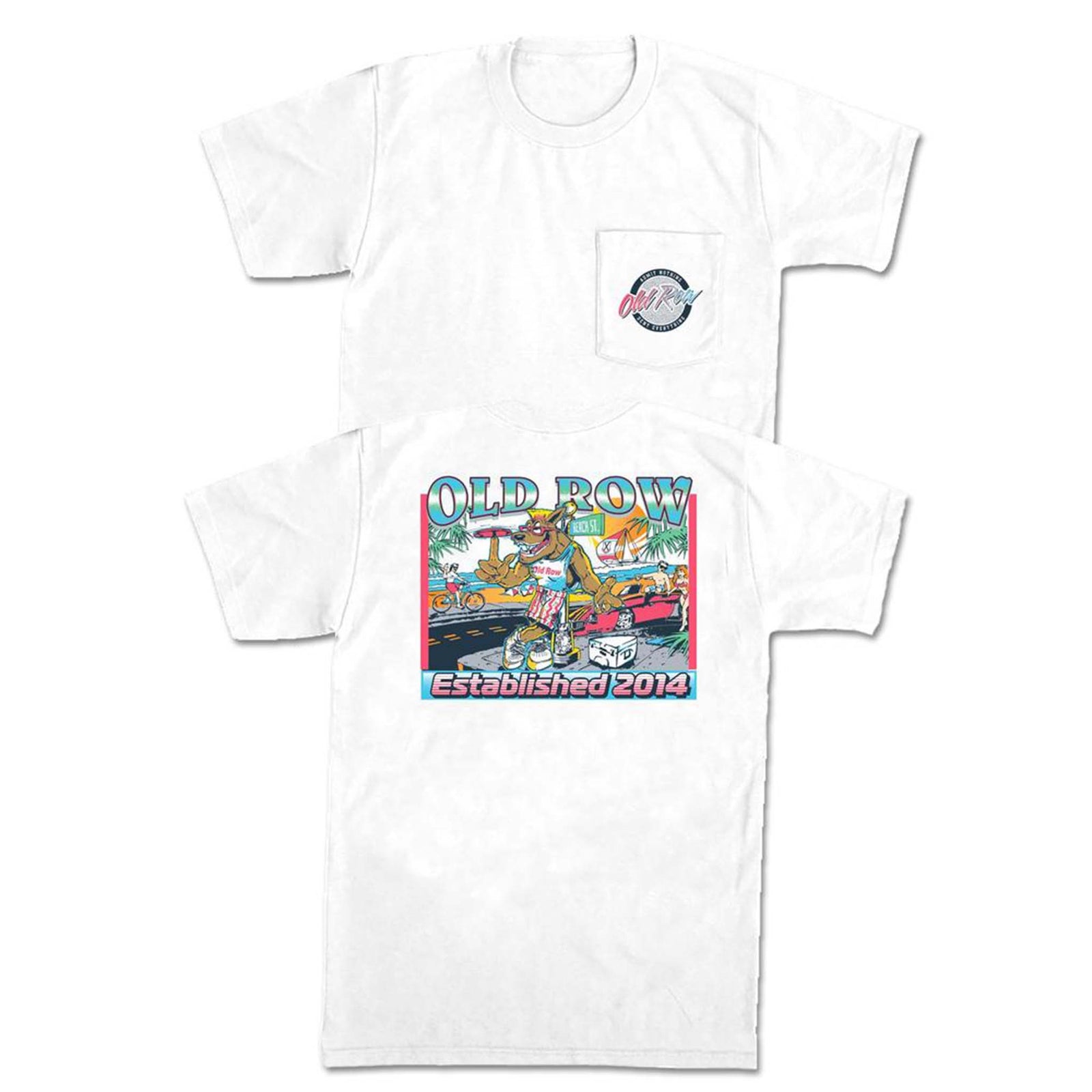 Old Row Wolf Beach Beer Short Sleeve T-Shirt, color White, sizes S-XXL, 100% cotton, unisex sizing.
Front of white short sleeve t-shirt with circular Old Row logo on the left chest pocket. Back features a colorful cartoon of a dog wearing board shorts and sunglasses in a beach town with palm trees, a surfboard, cooler, and the text “Old Row Established 2014.”